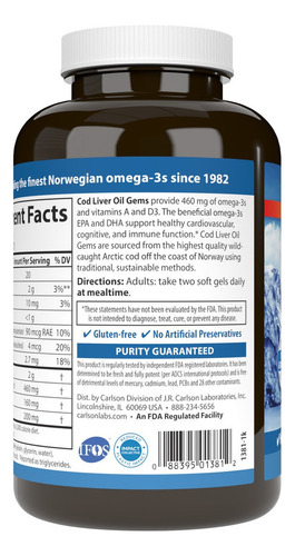 Carlson Labs Gemas Aceite Hígado Bacalao 150 Softcaps Sabor Sin Sabor