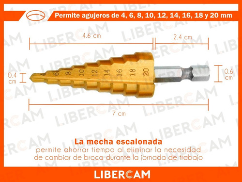 Imagen 4 de 10 de Mecha Escalonada Conica Titanio Taladro 4-20mm Metal Madera