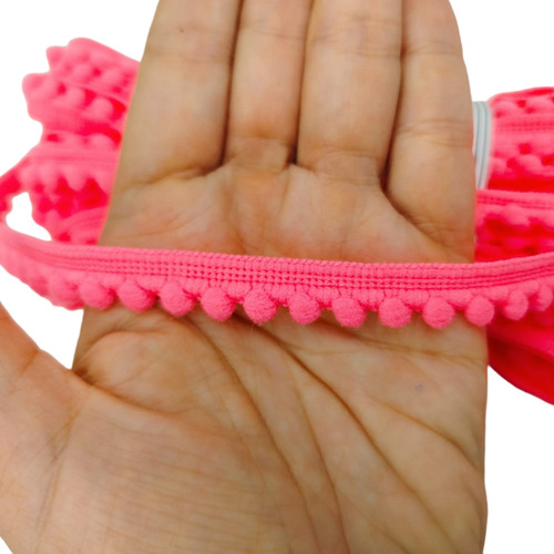 Cordão Fita Mini Pompom 13mm - 10 Metros - Cores Cor Rosa Fluor