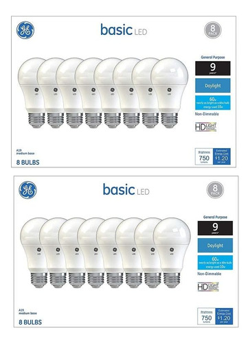 Ge Basic - Bombilla Led Eq A19 De 60 W (8 Bombillas), Paquet