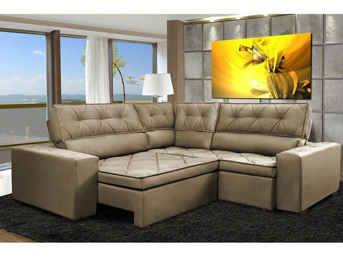 Sofa Canto Retrátil Reclinável Com Molas Cama Inbox Austin Cor Bege Desenho Do Tecido Liso
