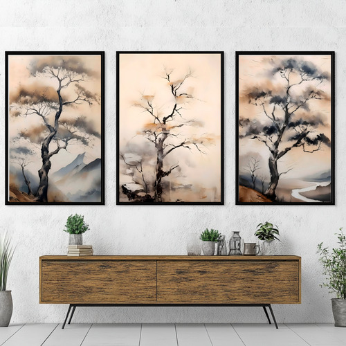 Set 3 Laminas Imprimibles Paisajes Acuarela Estilo Japones Blanco Beige