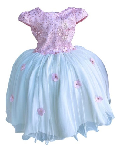 Vestido Infantil Rosa E Off C/ Renda E Aplique Princesas