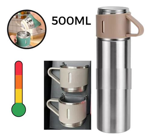 Kit Garrafa Térmica Vacuum Flask Set 500ml Com 3 Xícaras Fav Cor Prateado