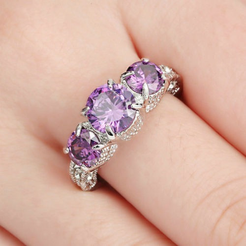 Anillo Compromiso Piedras Purpura Acero Enchapado Plata