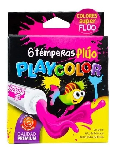 Tempera Playcolor Colores Fluo X6 Pomo 8 Cc C/u Caja X1