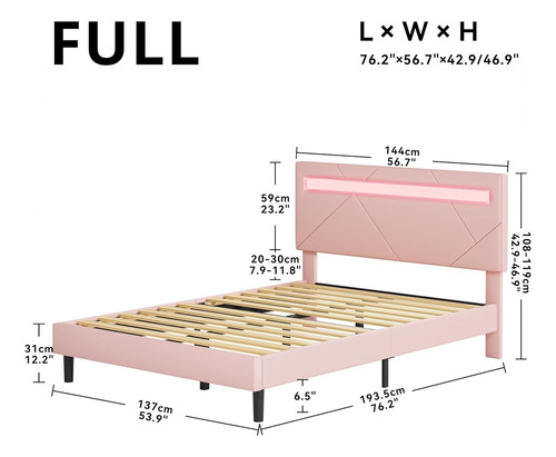Base De Cama Matrimonial Likimio Con Luces Led Rosado