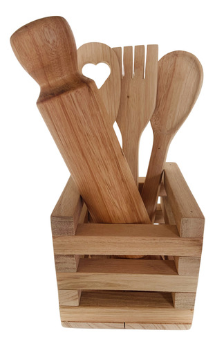 Juego De 4 Utensilios De Cocina Con Box Contenedor Madera.