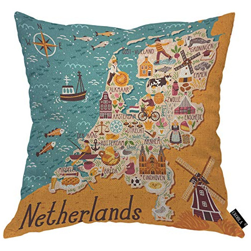 Funda De Almohada Mapa De Países Bajos Y Monumentos Ho...