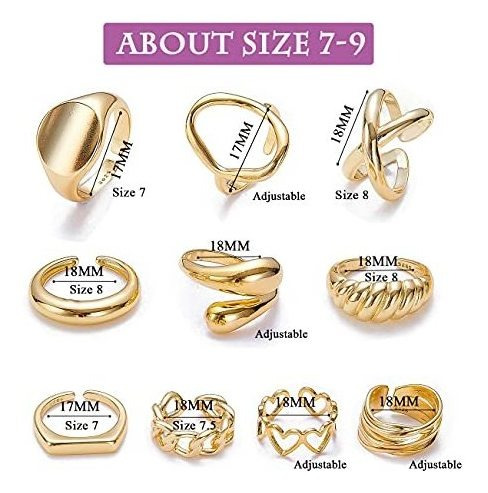 10 Anillos Ajustables Para Mujer Enchapados En Oro De 18 K