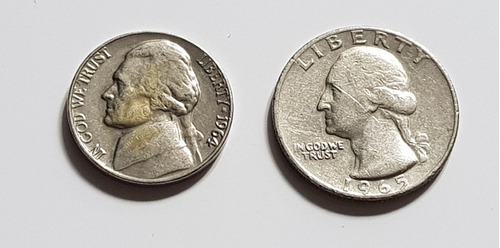 Monedas X 2 Usa Five Cent Y Quarter Dollar 1964 Y 1965 Lote