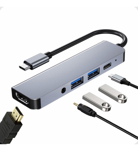 Hub Adaptador Tipo C Usb 3.0 Audio P2 Hdmi 4k 5 Em 1 Multiportas P/ Macbook Air Pro M Pc Smartphone Notebook Para Android Com Modo Dex Casenn