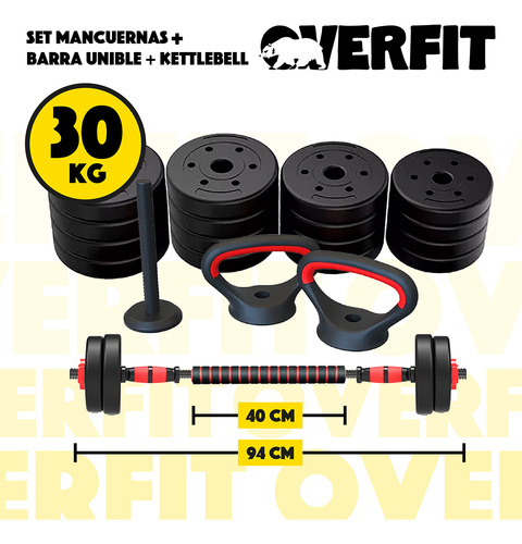 Set Mancuernas + Barra + Kettlebell Unibles Overfit 30kg