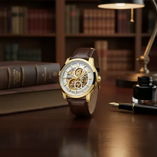 Relógio Bulova Masculino Automático Esqueleto Dourado 97a138