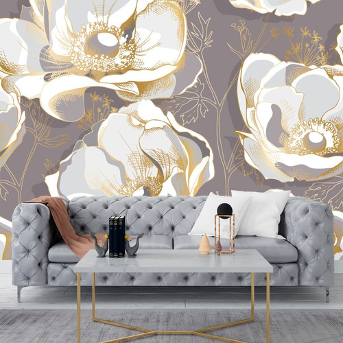 Vinil Adhesivo Tapiz Sala Flores 3d Blancas Dorado