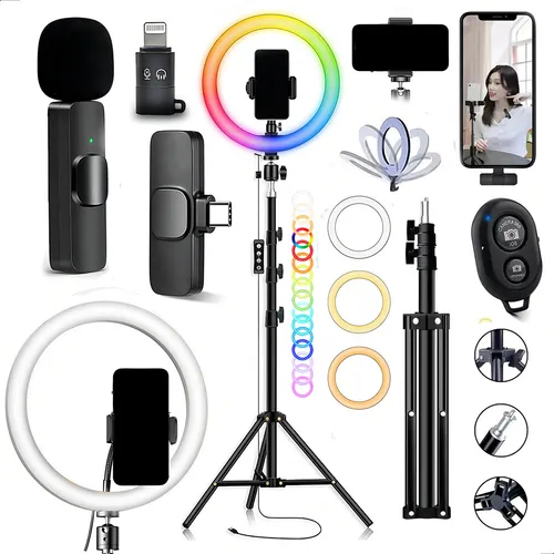 Kit Youtuber Profissional Ring Light RGB 26cm Tripé 2,10m Microfo...