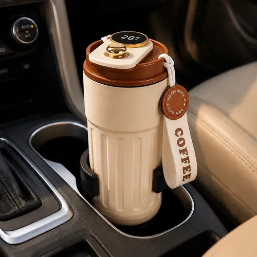 Copo Térmico 400ml Para Café Temperatura Em Display Digital Creme Com Tampa Marrom