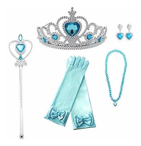 Set Princesa Elsa: Corona, Guantes, Varita, Collar Y Aretes