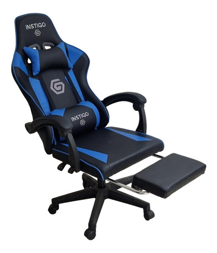 Silla de escritorio Instigo IG642 gamer ergonómica  negra y azul con tapizado de cuero sintético y poliuretano