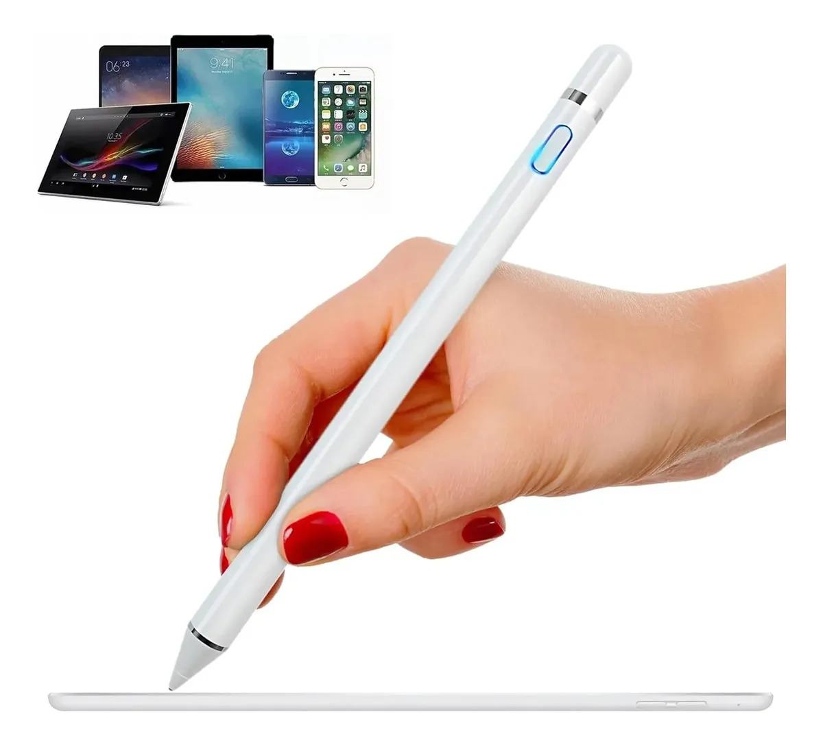 White Rechargeable USB-C Capacitive Stylus Pen, No Bluetooth, 1.45mm Copper Tip with 4 Replaceable Nibs, Ergonomic Anti-slip Design, for Android iOS Tablet, iPad & Mobile Phone