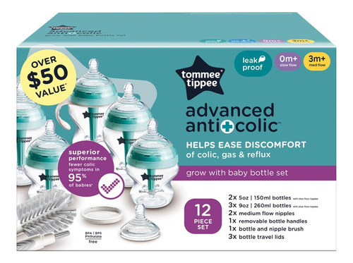 Tommee Tippee Advanced Anti-colic Grow With Baby Bottle Set, Color Grow With Baby: Self-sterilizing