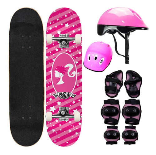 Skate Board Iniciante Profissional + Kit Proteção - Rosa