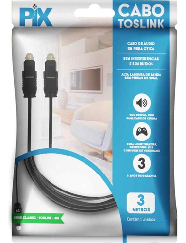 Cabo De Áudio Óptico Digital 3 Metros Toslink Spdif Home