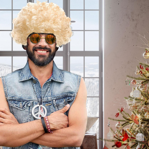 Juego De Pelucas Disco Gafas De Sol Y Collar Hippie Hombre C