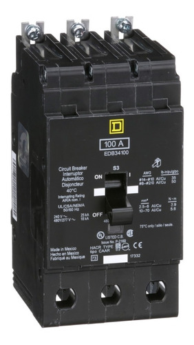 Interruptor Atornillable Edb34100 Marco-e 3polos 100a Square