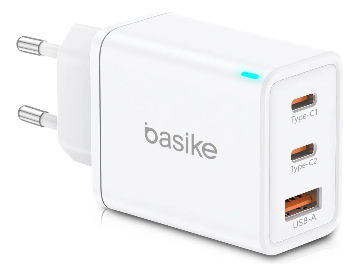 Carregador de Parede Basike Turbo 65W, com 2 Portas USB-C e 1 Porta USB-A para iPhone, Galaxy e MacBook