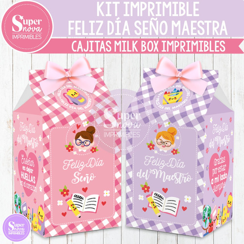Kit Imprimible Cajitas Milk Box Feliz Día Del Maestro Seño