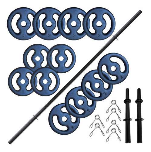 Kit Banco Supino +1 Barra+2 Halteres + 40kg Em Anilhas Ferro