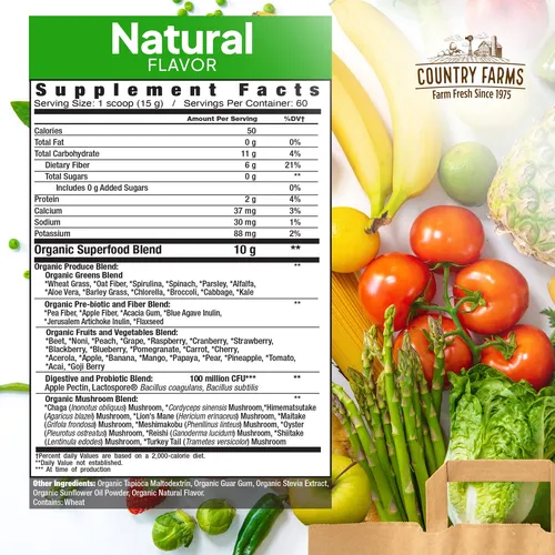 Mezcla De Bebidas Super Greens Country Farms, 900 G, 60 Porc