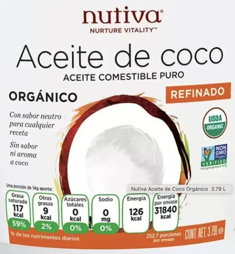 Aceite Orgánico De Coco Refinado 100% Puro, Nutiva