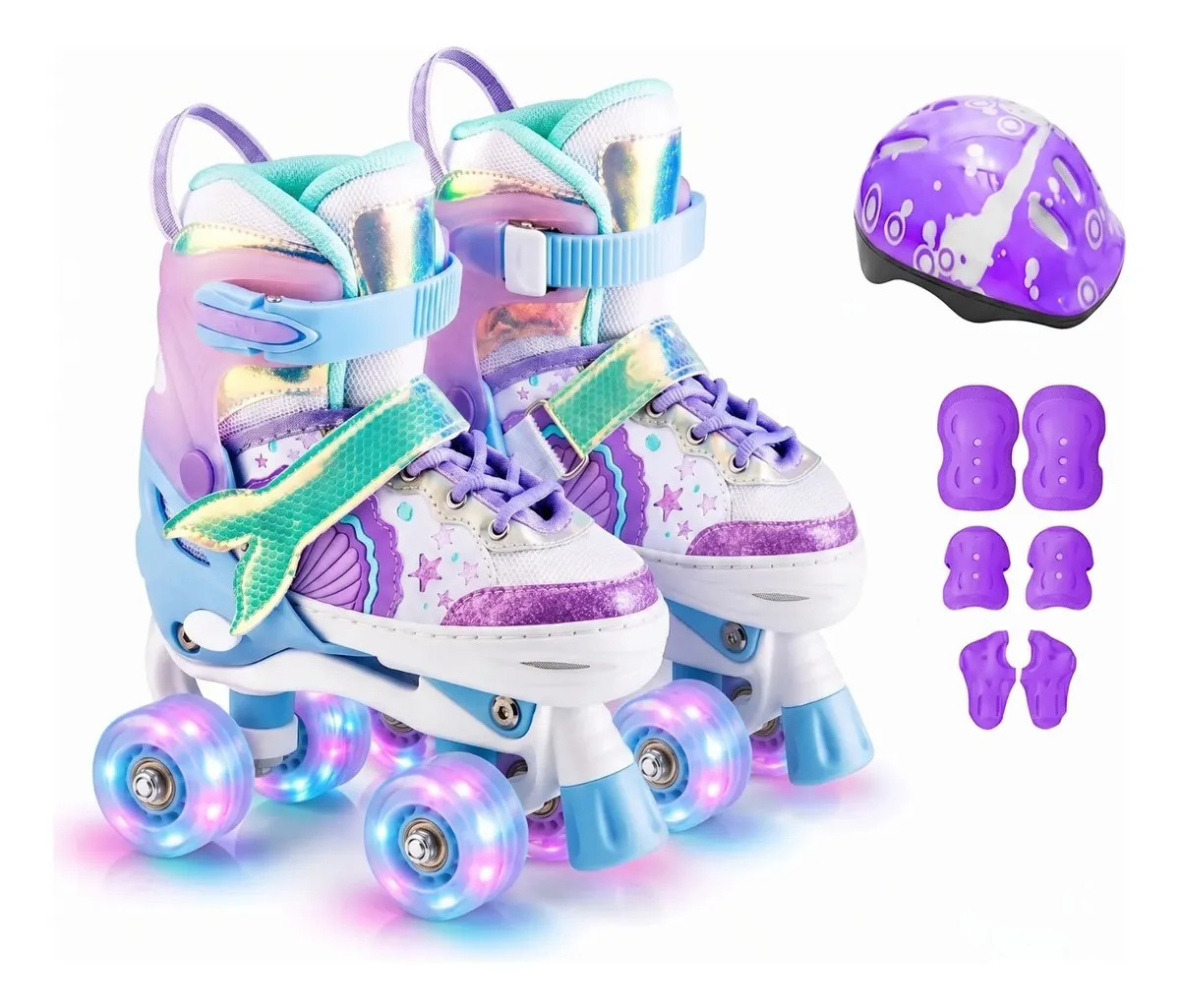 Patins Infantil 4 Rodas Sereia Ajustável Kit Proteção Menina Roxo - (g)