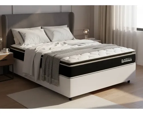Cama Box + Colchão De Mola Ensacada Pillow Top Topazio Casal Branco