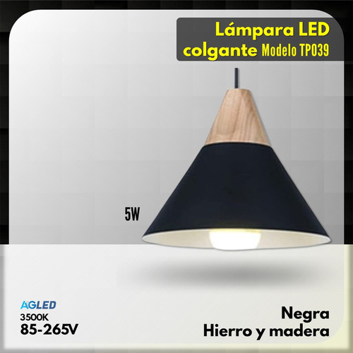 Lampara Led Colgante 5w Negra 3k 85-265v Hierro-madera Tp039