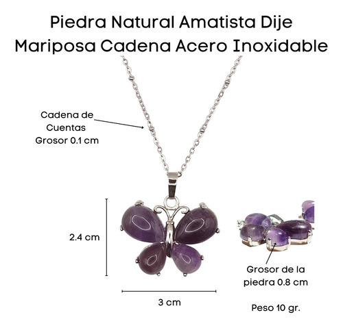 Imagen 6 de 10 de Amatista Collar Mariposa Mujer Cadena Joyería Acero Plata