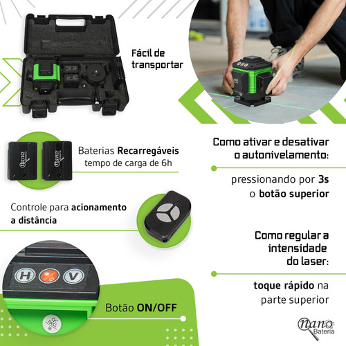 Nível Laser 12 Linhas Verde 30m Recarregável C/ Controle Profissional Suporte Prumo Autonivelante Nano Bateria