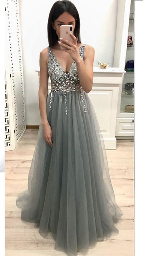 Imagen 6 de 6 de Vestido Fiesta Graduacion Gris Brillante Espalda Abierta