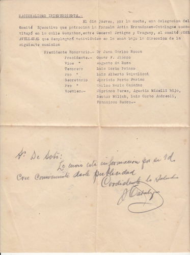 Antigua Carta Sobre Comite Partido Nacional Independiente