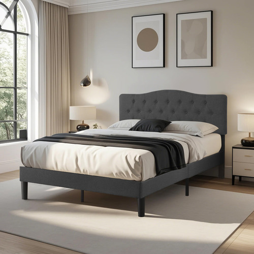 Base De Cama Queen Tapizada Con Cabecera Ajustable Gris