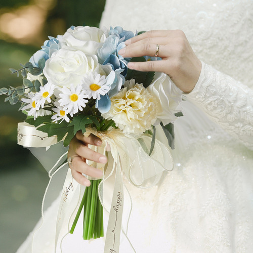Azul Y Blanco Ramo De Mano Flores Artificiales Ramos De Boda
