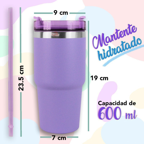 Imagen 2 de 7 de Termo Vaso Termico Tapa Hermetica + Popote 600 Ml 6207