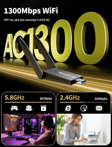 Adaptador Wifi Usb 1300mbps 5dbi Wifi Receptor
