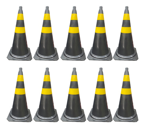Kit 10 Cones De Sinalização Pvc 50cm Preto E Amarelo