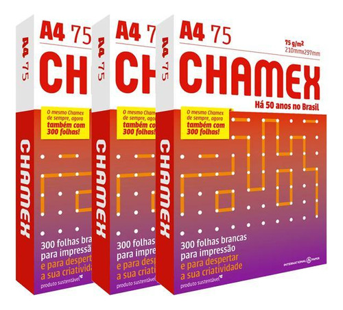 Papel Sulfite A4 Chamex 75g 210mmx297mm 500 Folhas Kit 3