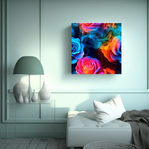 Cuadro Acuarela 3d Con Rosa De Papel En Estilo Neón 40x40cm