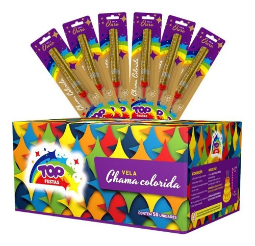 Vela Chama Colorida Top Festas Dourada Display Com 50 Velas