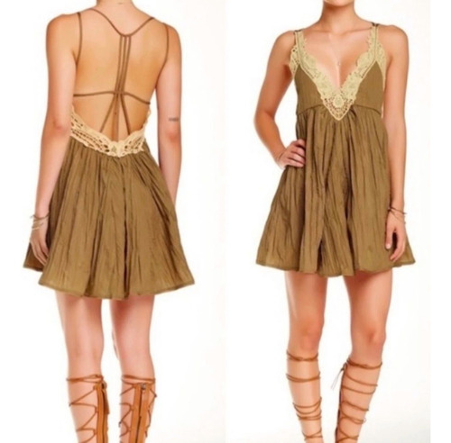 Free People Vestido Corto Boho Encaje Café (Usado)